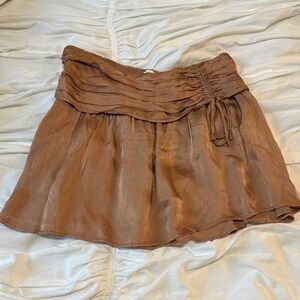 Aerie Brown Mini Skirt elastic stretchy waist women large tie scrunch detail NWT